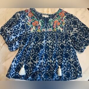 THML Embroidered Top Small Boho Multicolored Flowers Balloon Sleeves Tassels